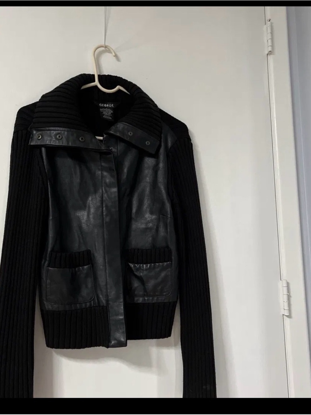 George Black Faux Leather Front Knit Sleeve Jacket
